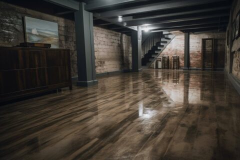 Basement floor with a sealed concrete finish